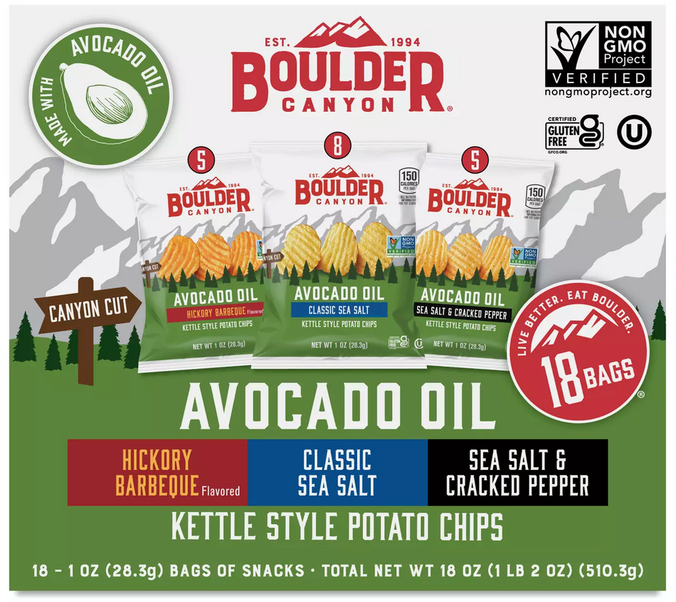 Boulder Canyon Avocado Oil Potato Chips Variety Pack - Sea Salt, Cracked Pepper & BBQ