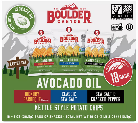 Boulder Canyon Avocado Oil Potato Chips Variety Pack - Sea Salt, Cracked Pepper & BBQ